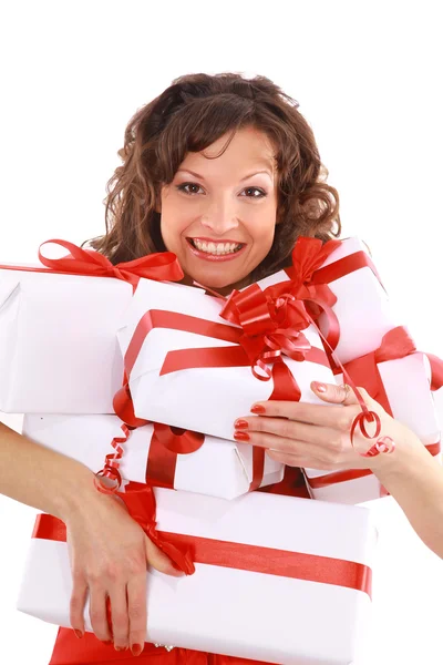 Excited attractive woman with many gift boxes and bags — Stok fotoğraf