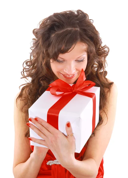 Upphetsad attraktiv kvinna med många gåva lådor och påsar — Stockfoto