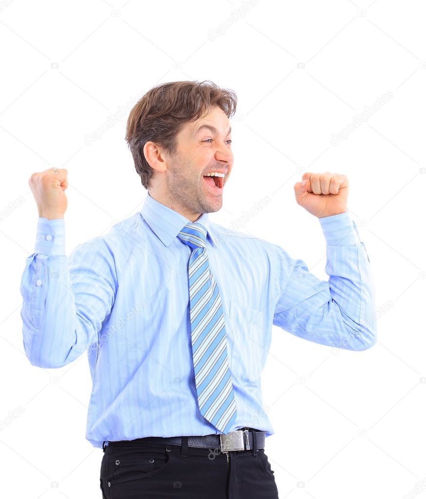 Happy business man with arms up isolated