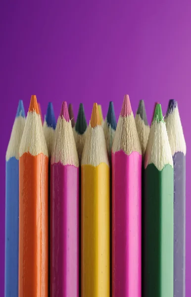 Crayons de couleur sur fond violet — Photo