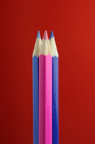 Kék és rózsaszín ceruzák, piros háttér — Stock Fotó