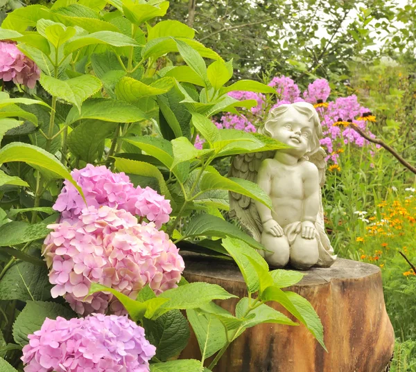 Estátua de anjo branco no toco da árvore no jardim com flores de hortênsia rosa — Fotografia de Stock