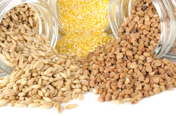 穀物 （麦、ひき割りトウモロコシ、ソバとガラスの瓶) — ストック写真