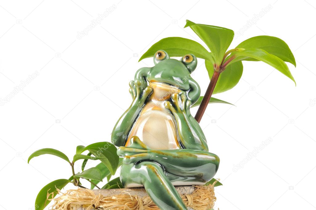 Smiling Green Frog Figurine Sitting on Flower Pot