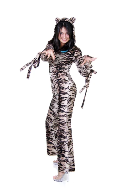 Beautiful girl in tiger dress — Stock Photo, Image