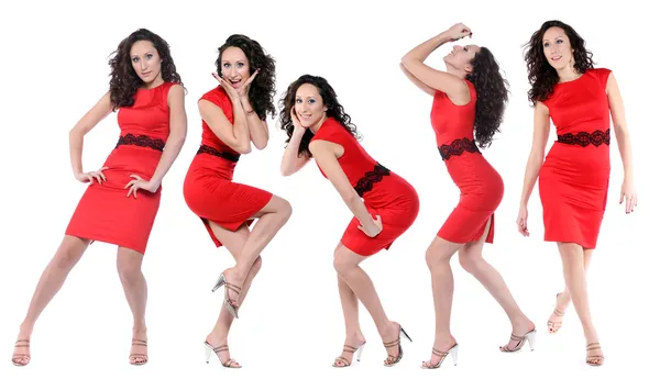 Happy young women in red dress — Stock Photo, Image