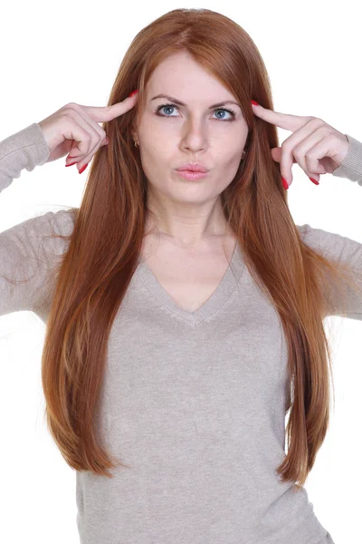 Mujer con dolor de cabeza intenso sosteniendo la frente con dolor —  Fotos de Stock