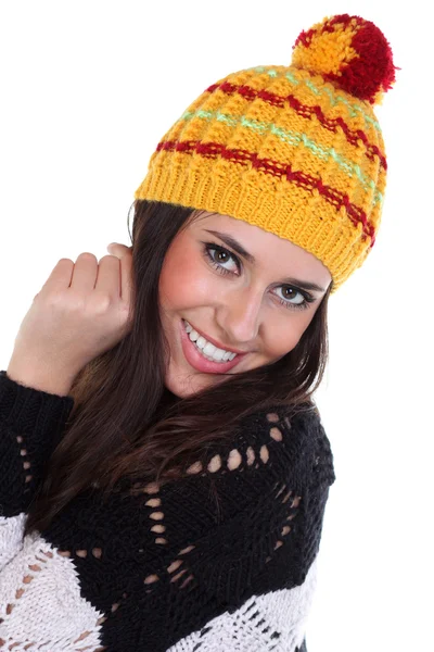 快乐的女人在针织帽子 — 图库照片