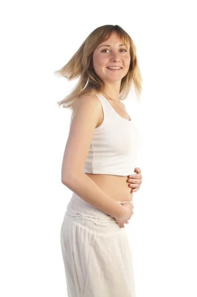 Szép terhes, a fehér háttér — Stock Fotó