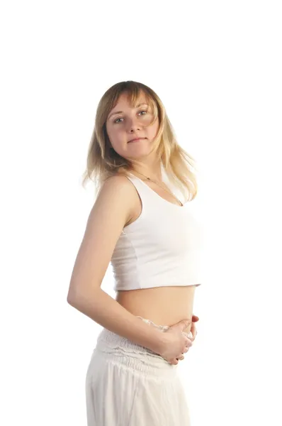 Bela grávida no fundo branco — Fotografia de Stock
