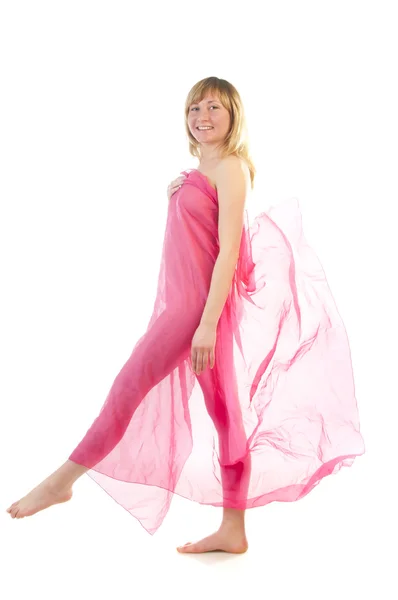Wanita muda hamil cantik dalam gaun tiup merah muda — Stok Foto