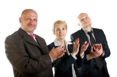 Three business team standing in a row and clapping clipart