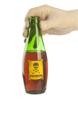 Green poison bottle with skull and crossbones on hand clipart