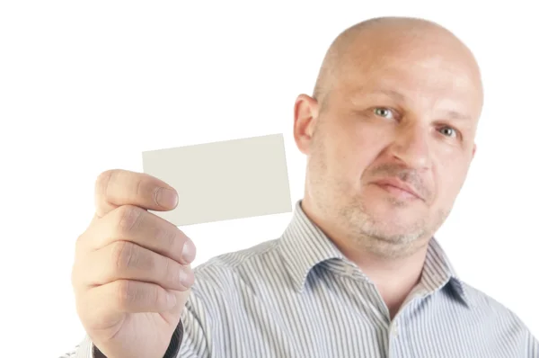 Üzletember egy üres névjegykártya tartó — Stock Fotó