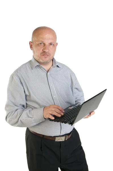 持有的笔记本电脑在白色背景上的商人 — 图库照片