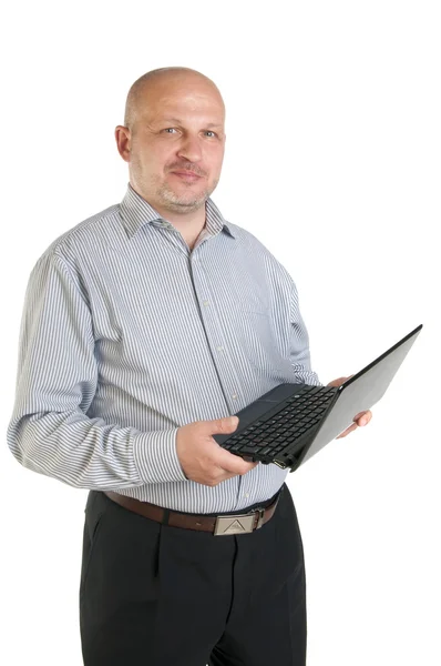 Uomo d'affari che tiene il computer portatile su sfondo bianco — Foto Stock