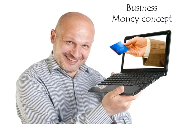Podnikatel drží notebook na bílém pozadí. — Stock fotografie