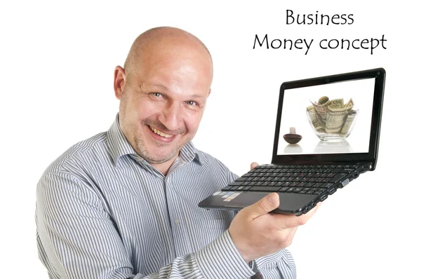Businessman holding laptop on white background. — Stock Photo, Image