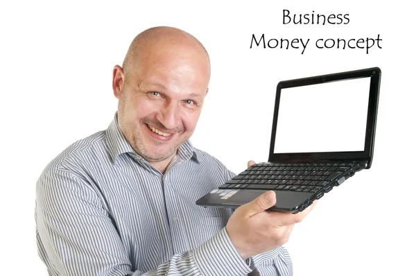 Empresário segurando laptop no fundo branco . — Fotografia de Stock