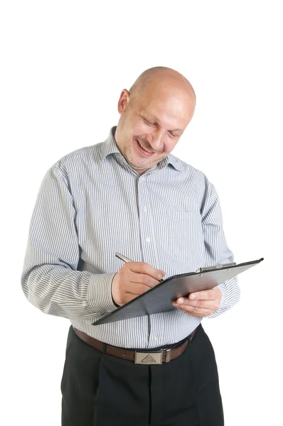 Biznesmen posiadania folderu na białym tle — Zdjęcie stockowe