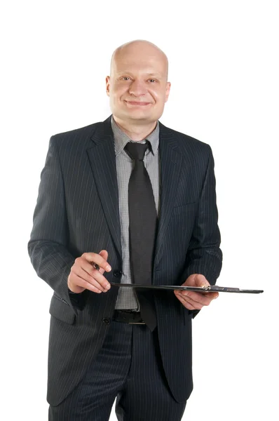 Uomo d'affari che tiene la cartella su sfondo bianco — Foto Stock