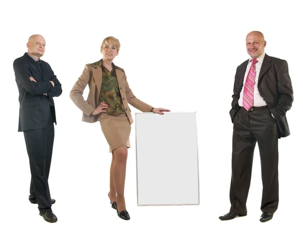 ビジネスの女性の同僚と空白の看板を示す. — ストック写真