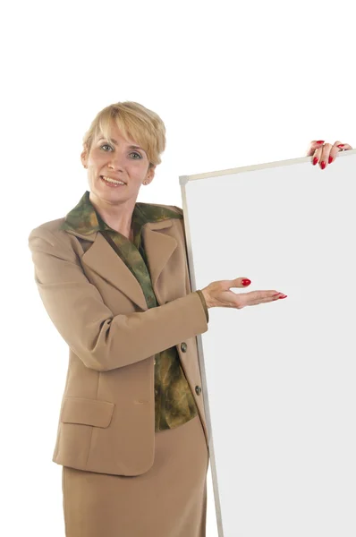 Donna d'affari che mostra cartello bianco . — Foto Stock