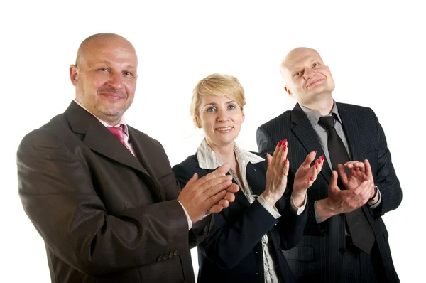 Три бизнес-команды стоят в ряд и хлопают — стоковое фото