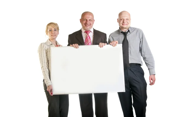 Trzy firmy trzymając transparent — Zdjęcie stockowe