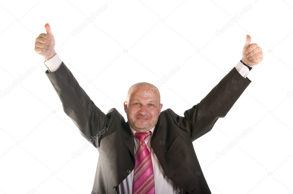 Happy businessman holding thumbs up