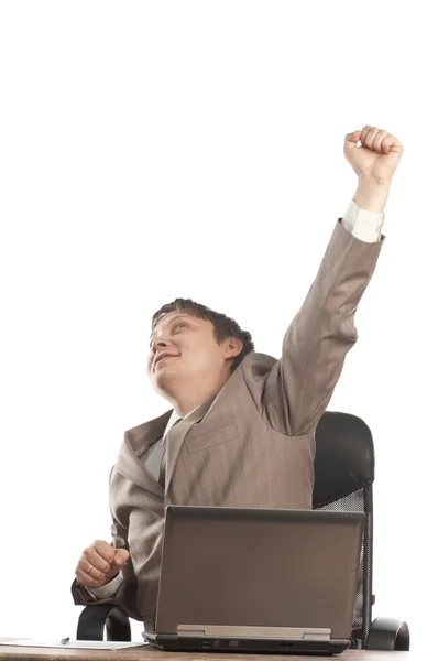 Executivo feliz levantando punhos em emoção — Fotografia de Stock