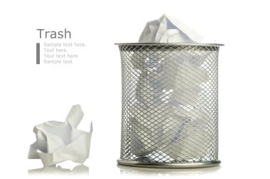 Metal trash bin from crumpled pape clipart