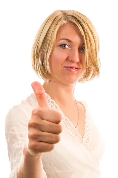 Eine Frau zeigt eine Geste auf weißem Hintergrund. — Stockfoto