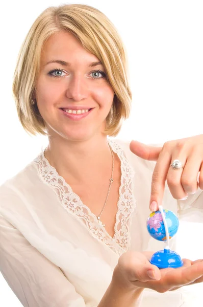 Mladá žena s globem — Stock fotografie