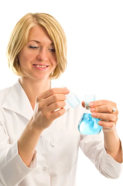 Chemist woman with test tubes isolated over a white background — Stock Photo, Image