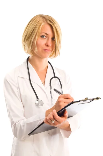 Femme médecin souriante avec stéthoscope. Isolé sur fond blanc — Photo