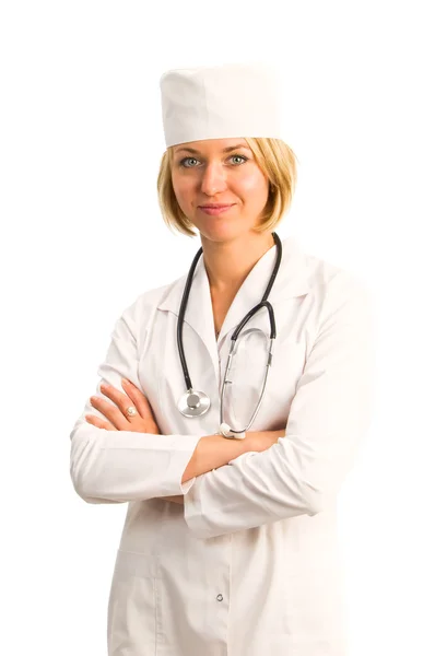 Médico sonriente mujer con estetoscopio. Aislado sobre fondo blanco —  Fotos de Stock