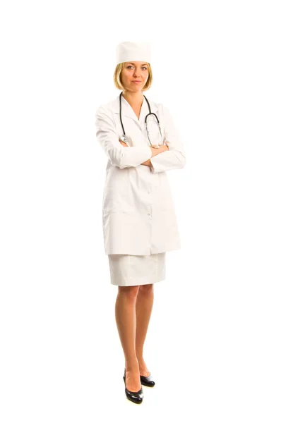 Médico sonriente mujer con estetoscopio. Aislado sobre fondo blanco —  Fotos de Stock