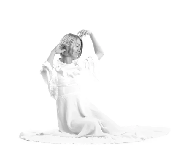 Beautiful woman in white dress on white — Stock Photo, Image