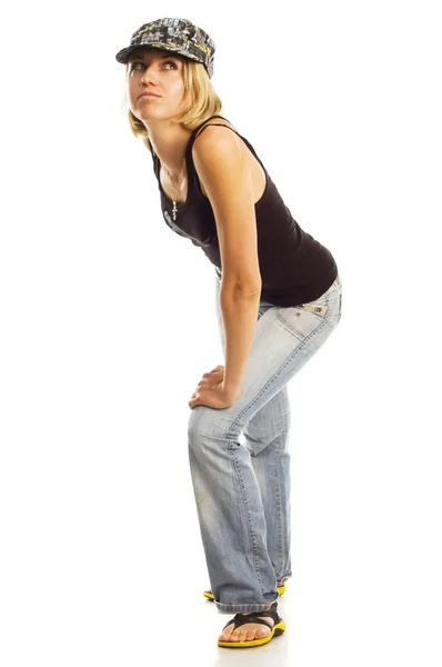 Ritratto completo di bella ragazza alla moda in posa jeans alla moda isolato su sfondo bianco. Moda modella in posa in studio. Ritratto integrale — Foto Stock