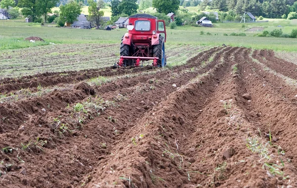 Régi traktor dolgozik tavasszal a parlagon hagyott felszántott mező — Stock Fotó