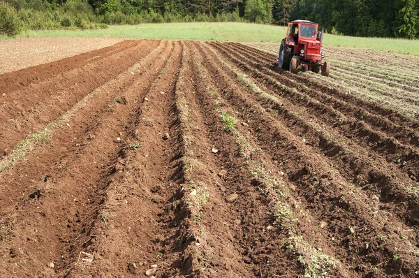 stock image Tractor working a fallow ploughed field