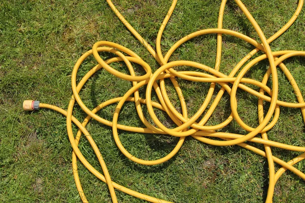 Stock image Yellow hose pipe on a green grass lawn.