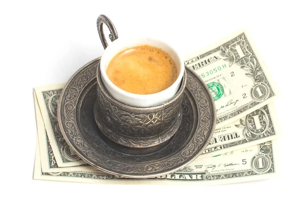 Chalupa de café com 3 dólares de gorjeta no fundo branco . — Fotografia de Stock