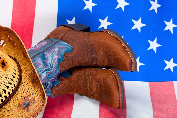 Kowbojskie buty zestaw kapelusz flaga — Zdjęcie stockowe