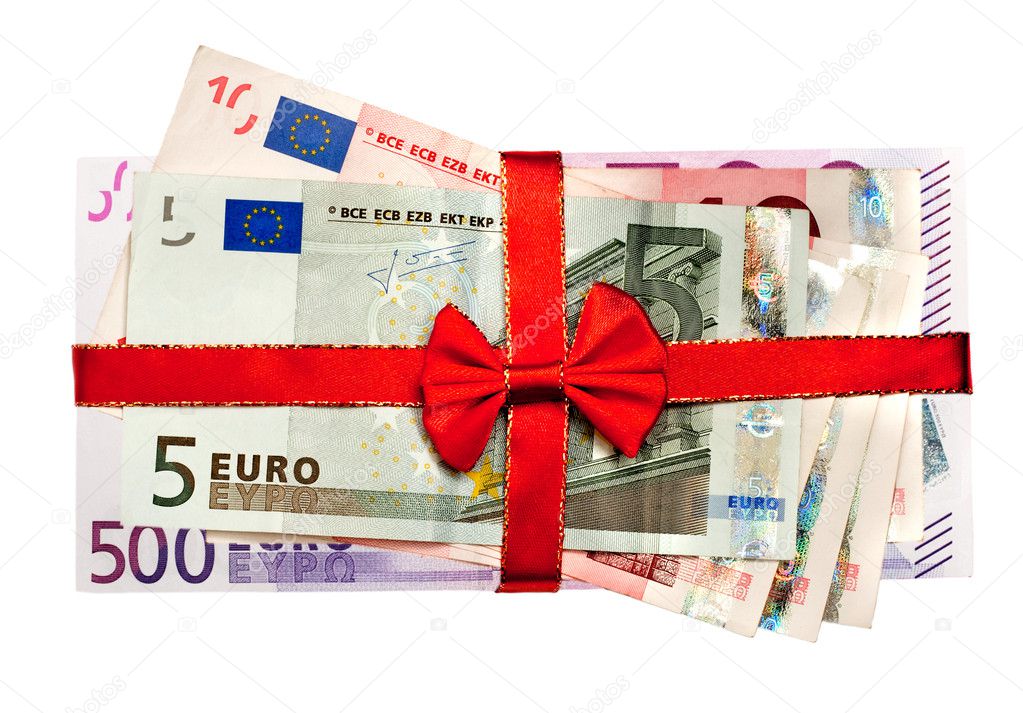 Euro bills with red ribbon