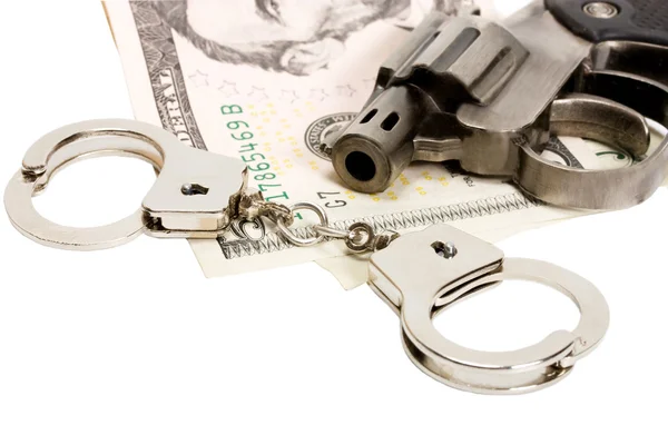 Pistol handcuffs money — Stock Photo, Image