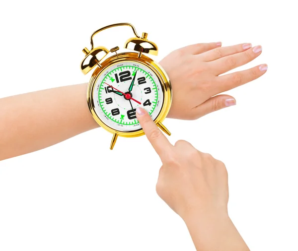 Händer och väckarklocka som en klocka — Stockfoto