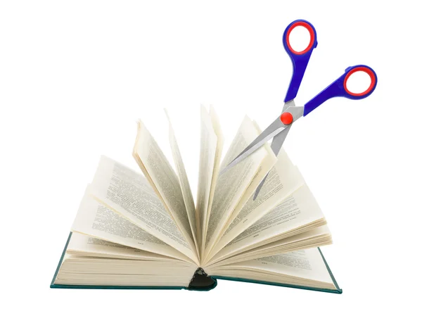 Scissors cutting book — Stock Photo, Image