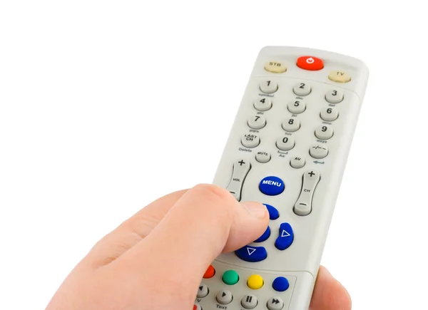 Mão com controle remoto tv — Fotografia de Stock